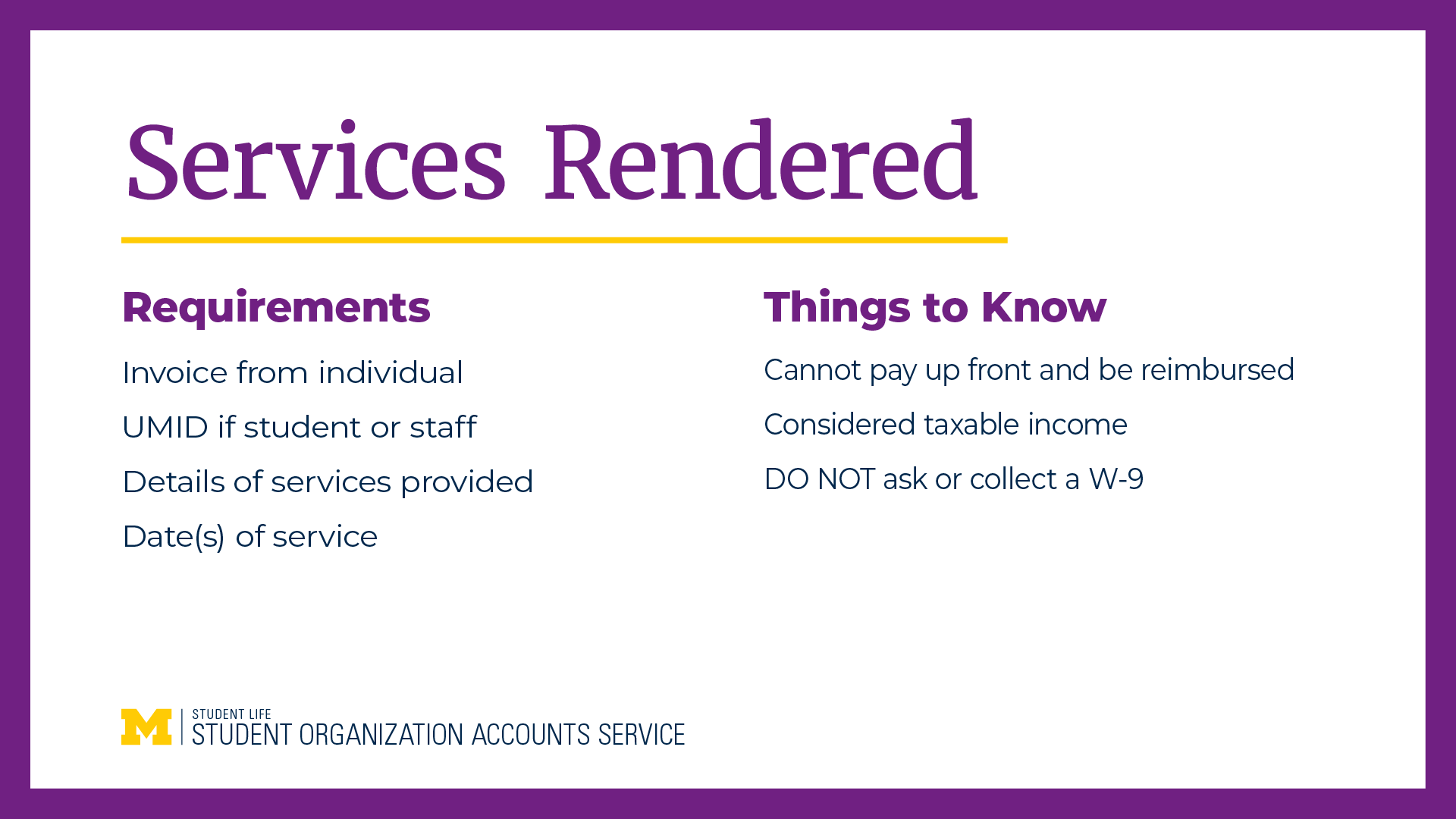 A recap of the Services Rendered section